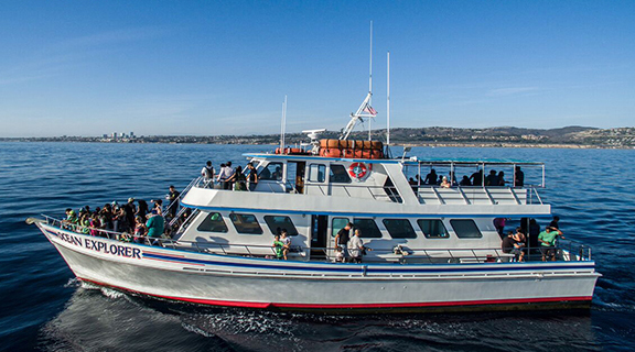 A group of people travel out to sea on a boat for an ash scattering ceremony in Southern California.