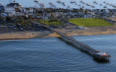 Aerial view of the shores and streets of Newport Beach, California.